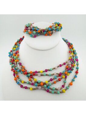 Multi Strand Bright Colored Glass Bead Necklace Bracelet Set Beach Boho